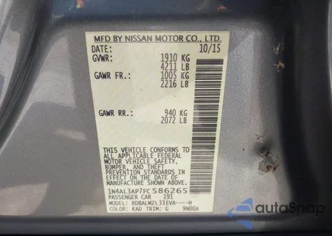 2015 Nissan Altima 2.5 Sv из США, поврежденный, VIN 1N4AL3AP7FC586265